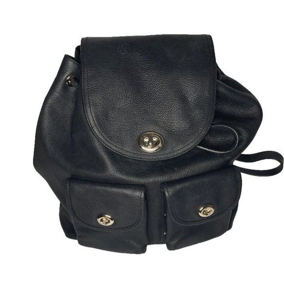Coach Black Pebbled Leather Backpack Bag Large Turnlock  Adj straps 12" high - Picture 8 of 16